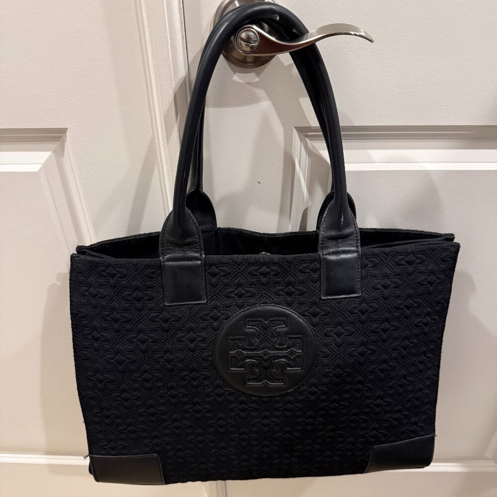 Tory Burch Monogrammed embossed/quilted black Nylon tote with black leather